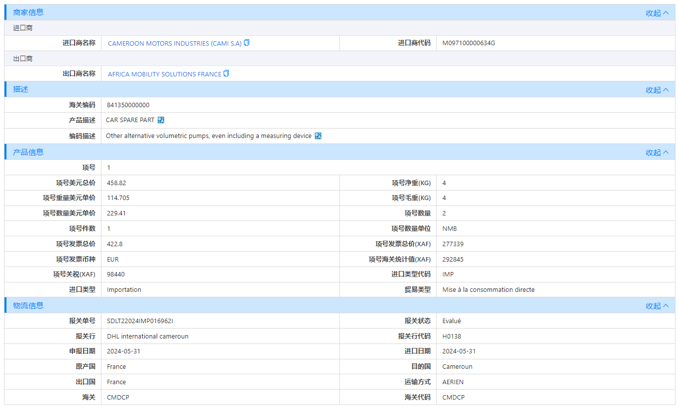 喀麦隆海关数据,海关数据,易币付(中国)海关数据